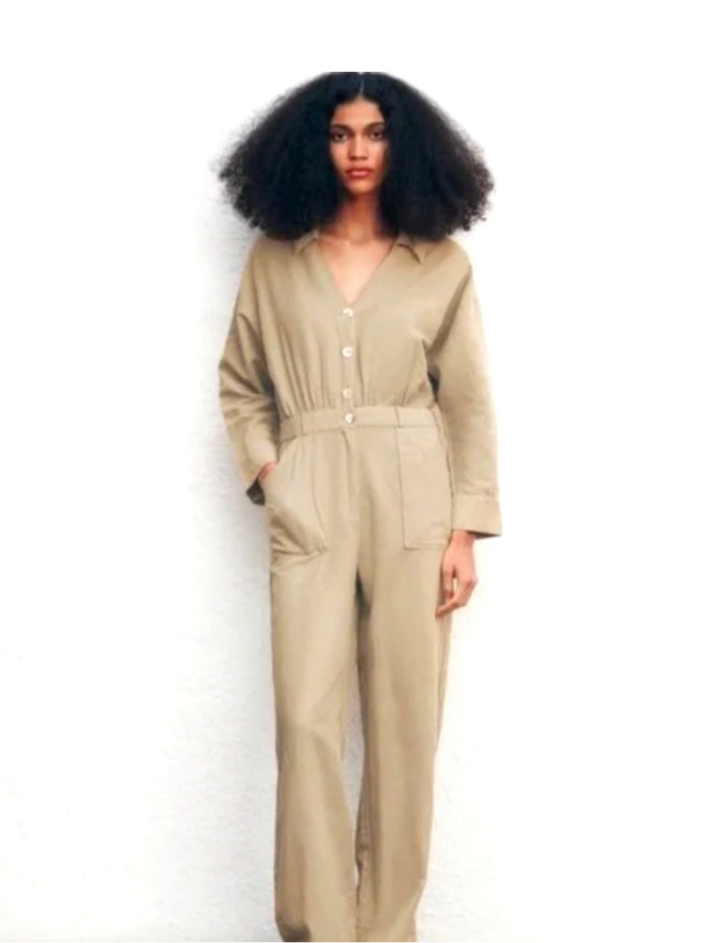 ZARA Linen Blend Long Sleeve Utility Jumpsuit Size Small